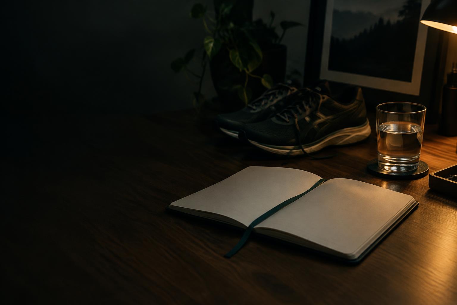 Un carnet ouvert sur un bureau sombre, des chaussures de sport et un verre d’eau à la lumière d’une lampe